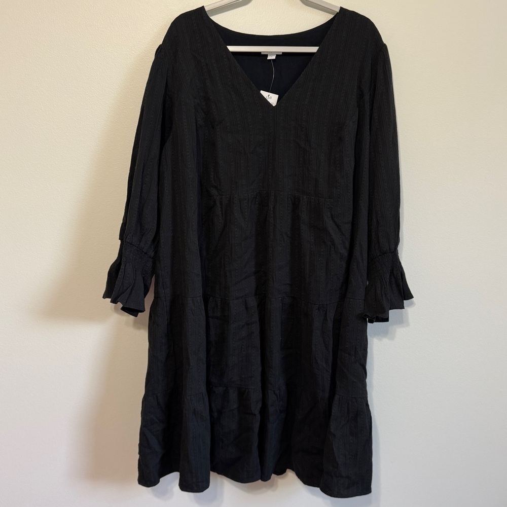 NEW J. Jill Black Tiered Smock Bell Sleeve Swing Fit Knee Length Dress Size 2X - Picture 2 of 9